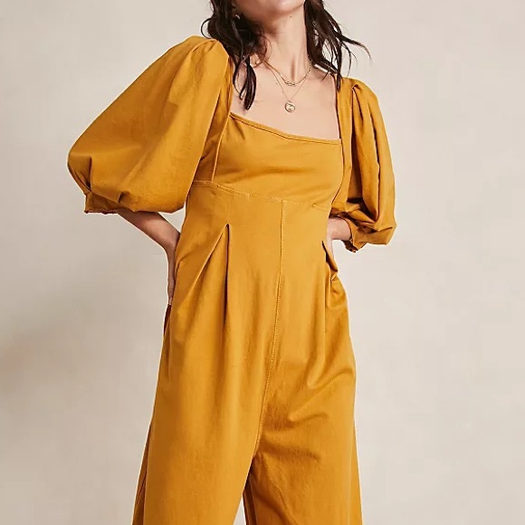 Free People Lotta Love Yellow Baggy Casual Princess Cinched Pleated Jumpsuit - Picture 6 of 10